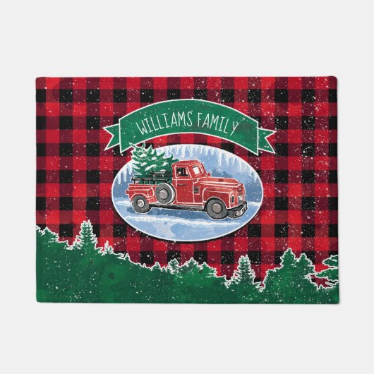 クリスマスレッドヴィンテージトラックバッファロープレイド名の追加 ドアマット (正面)