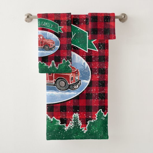 クリスマスレッドヴィンテージトラックバッファロープレイド名の追加 バスタオルセット (インサイチュ)