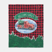 クリスマスレッドヴィンテージトラックバッファロープレイド名の追加 フリースブランケット (正面)