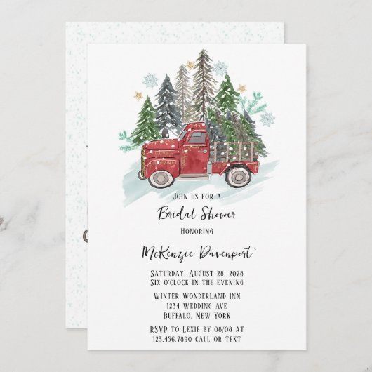 クリスマスレッドヴィンテージトラックブライダルシャワー 招待状 (正面/裏面)