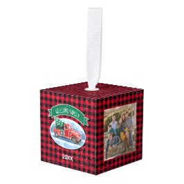 クリスマスレッドヴィンテージプレイドカスタム写真 キューブオーナメント