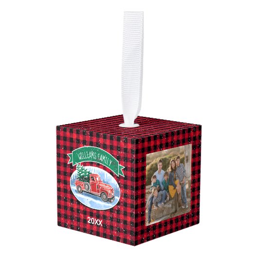 クリスマスレッドヴィンテージプレイドカスタム写真 キューブオーナメント (正面アングル)