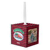 クリスマスレッドヴィンテージプレイドカスタム写真 キューブオーナメント (裏面アングル)