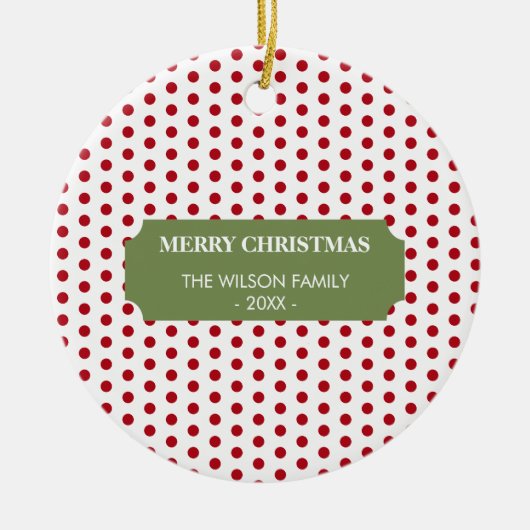 クリスマスレッド水玉模様ファミリー名年 セラミックオーナメント (正面)