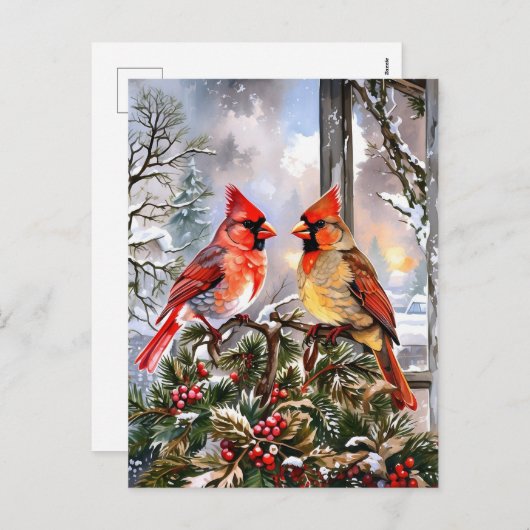 クリスマスレッド深紅色冬イラストレーション シーズンポストカード (正面/裏面)