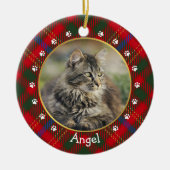 クリスマスレッド緑の格子猫の写真フレーム&名前 セラミックオーナメント (正面)