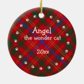 クリスマスレッド緑の格子猫の写真フレーム&名前 セラミックオーナメント (裏面)