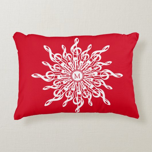 クリスマスレッド装飾モノグラムGクレフ、 音符記号スノーフレーク アクセントクッション (正面)