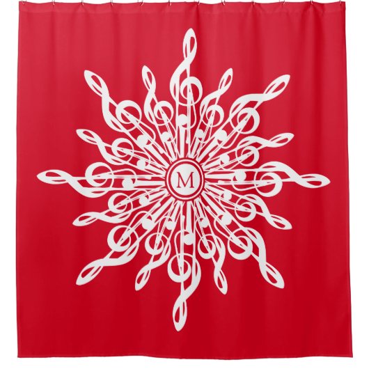 クリスマスレッド装飾モノグラムGクレフ、 音符記号スノーフレーク シャワーカーテン (正面)