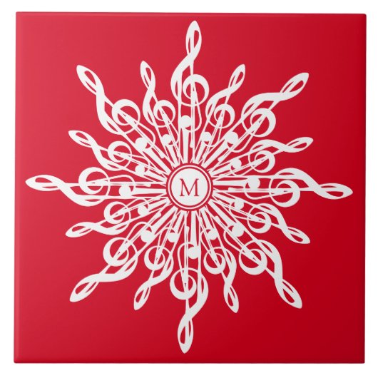 クリスマスレッド装飾モノグラムGクレフ、 音符記号スノーフレーク タイル (正面)