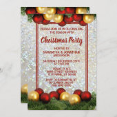 クリスマスレッド金ゴールドオーナメントシルバーグリッターパーティー 招待状 (正面/裏面)