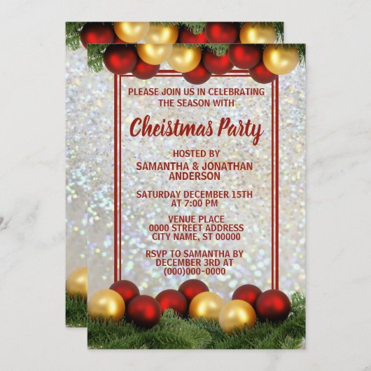 クリスマスレッド金ゴールドオーナメントシルバーグリッターパーティー 招待状 (正面/裏面)
