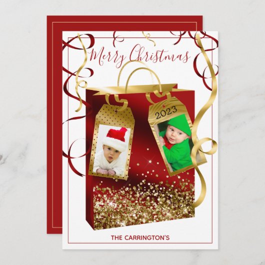 クリスマスレッド金ゴールドグリッター2枚フォトホリデーカード (正面/裏面)