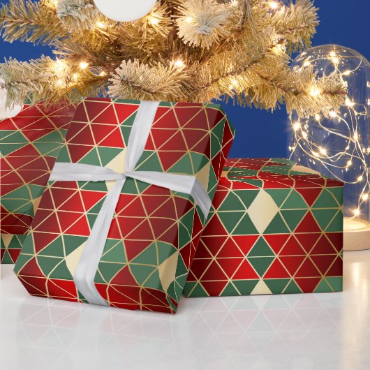 クリスマスレッド金ゴールドグリーンジオメトリパターン ラッピングペーパー (クリスマス)