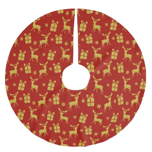 クリスマスレッド金ゴールドトナカイクリスマスプレゼントスノーフレーク ブラッシュドポリエステルツリースカート (正面)