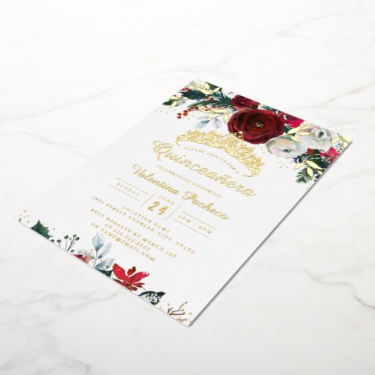 クリスマスレッド金ゴールドフェスティバルリーフキンセアニェラ 箔招待状 (回転した状態)