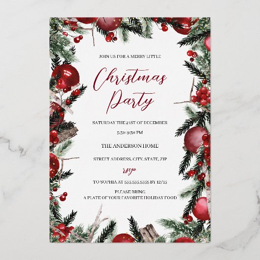 クリスマスレッド金ゴールドフェスティバルリーフリースパーティー 箔招待状 (正面)