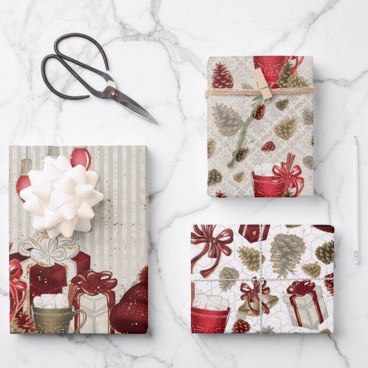 クリスマスレッド金ゴールドラグジュアリーホットチョコレートパターン ラッピングペーパーシート (正面)