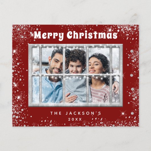 クリスマスレッド銀色の写真窓カード (正面)