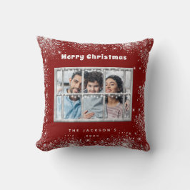 クリスマスレッド銀雪写真冬窓 クッション