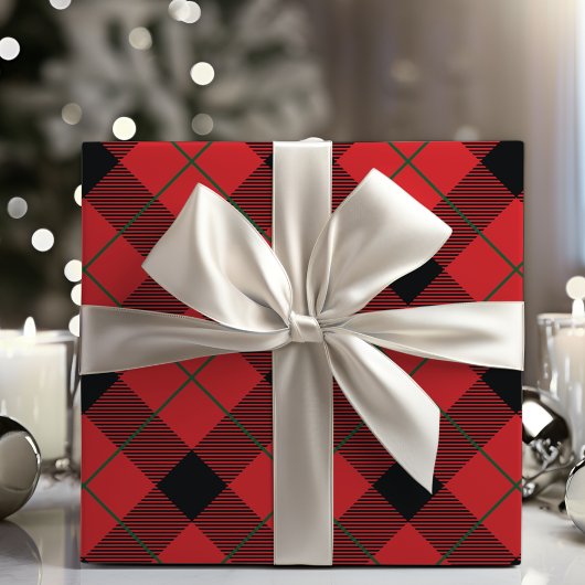 クリスマスレッド、グリーンと黒の対角の格子模様 ラッピングペーパー