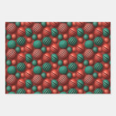 クリスマスレッド&グリーン3Dオーナメントデザイン ラッピングペーパーシート (正面3)