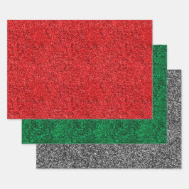 クリスマスレッド、グリーン、シルバーのグリッター光沢 ラッピングペーパーシート