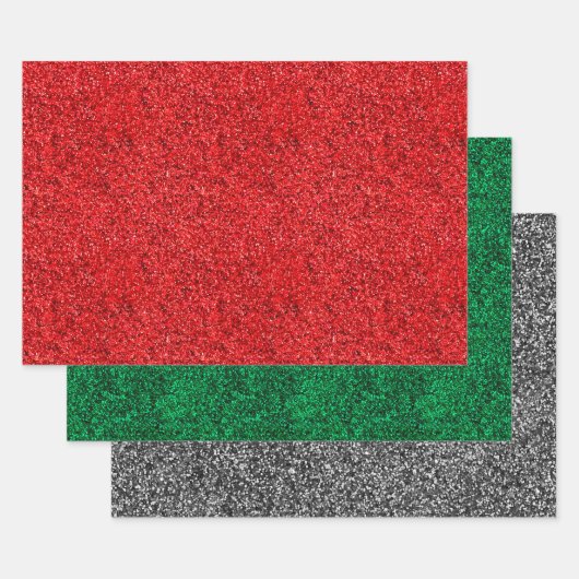 クリスマスレッド、グリーン、シルバーのグリッター光沢 ラッピングペーパーシート (セット)