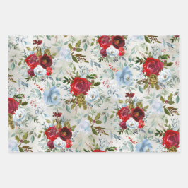 クリスマスレッド&ダスティブルーバラ&ホリー ラッピングペーパーシート