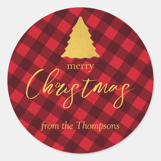 クリスマスレッド&ブラックバッファロープレイドクリスマスツリーラベル ラウンドシール (正面)