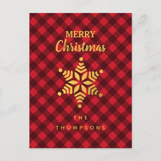 クリスマスレッド&ブラックバッファロープレイドスタースノーフレーク シーズンポストカード (正面)