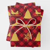 クリスマスレッド&ブラックバッファロープレイド金ゴールドクリスマス ラッピングペーパーシート (インサイチュ)