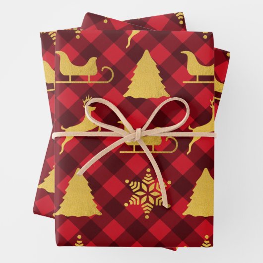 クリスマスレッド&ブラックバッファロープレイド金ゴールドクリスマス ラッピングペーパーシート (インサイチュ)