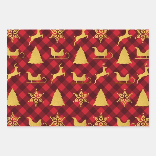 クリスマスレッド&ブラックバッファロープレイド金ゴールドクリスマス ラッピングペーパーシート (正面)