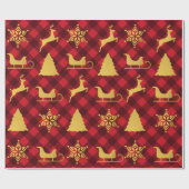 クリスマスレッド&ブラックバッファロープレイド金ゴールドクリスマス ラッピングペーパー (フラット)