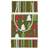 クリスマスレッド、ホワイトとグリーンの木とストライプ スモールペーパーバッグ (正面)