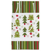 クリスマスレッド、ホワイトとグリーンの木とストライプ スモールペーパーバッグ (正面)