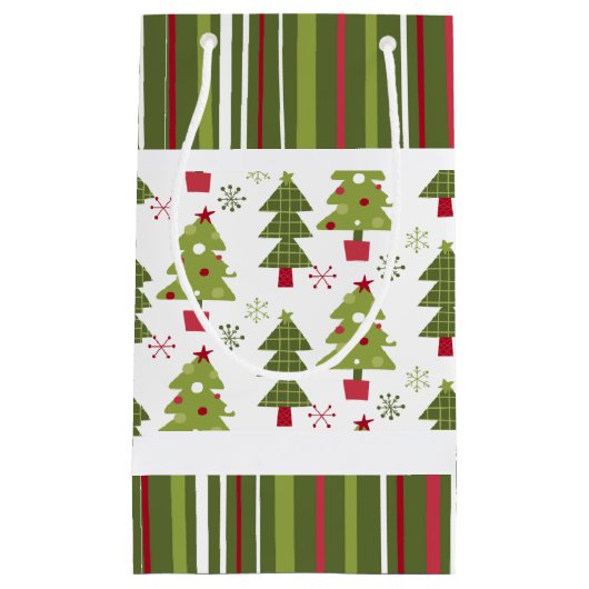 クリスマスレッド、ホワイトとグリーンの木とストライプ スモールペーパーバッグ (正面)