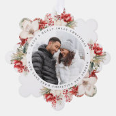 クリスマスレッド&ホワイトフラワーフォトスクエア オーナメントカード (正面)