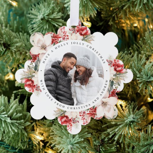 クリスマスレッド&ホワイトフラワーフォトスクエア オーナメントカード (インサイチュ (木))