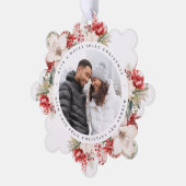 クリスマスレッド&ホワイトフラワーフォトスクエア オーナメントカード (左)