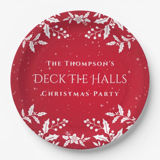 クリスマスレッド。ホワイトホリー、デッキザホールズパーティー ペーパープレート (正面)
