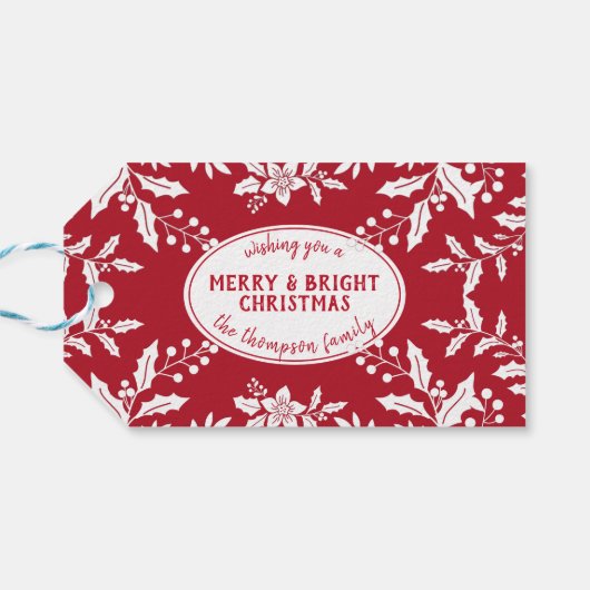 クリスマスレッド、ホワイトホリー、ファミリー名、フェスティバル ギフトタグ (裏面横)