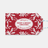 クリスマスレッド、ホワイトホリー、ファミリー名、フェスティバル ギフトタグ (正面(横))