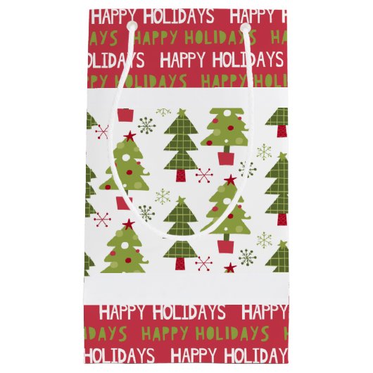 クリスマスレッド、白と緑の木と雪の結晶 スモールペーパーバッグ (正面)