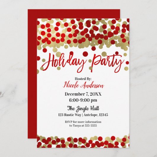 クリスマスレッド&金ゴールドドッモダンツホリデーパーティー 招待状 (正面/裏面)