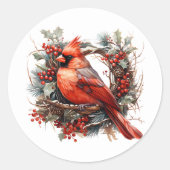クリスマスレッド(鳥)ショウジョウコウカンチョウイラストレーション ラウンドシール (正面)