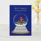 クリスマスレッド（鳥）ショウジョウコウカンチョウスノーグローブ、誰か特別 カード (黄色い花)