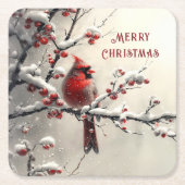 クリスマスレッド（鳥）ショウジョウコウカンチョウ紙コースター スクエアペーパーコースター (正面)