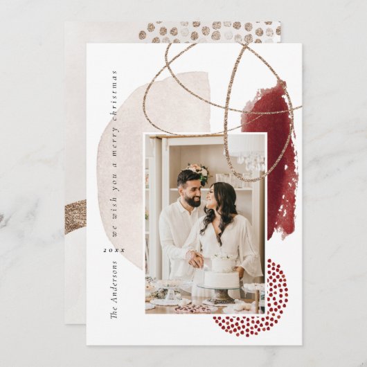 クリスマスレッモダンドジオメトリックフォトホリデーカード シーズンカード (正面/裏面)